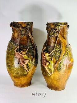 Vases art-nouveau céramique terre cuite polychrome France signé Trinque 1900