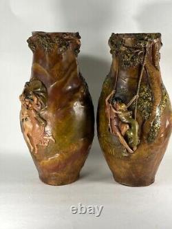 Vases art-nouveau céramique terre cuite polychrome France signé Trinque 1900