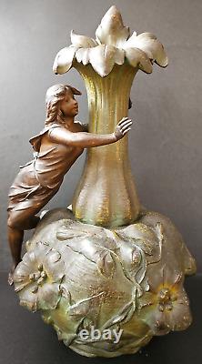 XIXe Ancien Grand Vase Femme 44cm Nymphe Fleurs Régule goût Moreau Art Nouveau