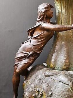 XIXe Ancien Grand Vase Femme 44cm Nymphe Fleurs Régule goût Moreau Art Nouveau