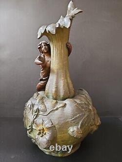 XIXe Ancien Grand Vase Femme 44cm Nymphe Fleurs Régule goût Moreau Art Nouveau
