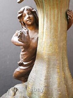 XIXe Ancien Grand Vase Femme 44cm Nymphe Fleurs Régule goût Moreau Art Nouveau