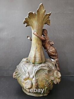 XIXe Ancien Grand Vase Femme 44cm Nymphe Fleurs Régule goût Moreau Art Nouveau