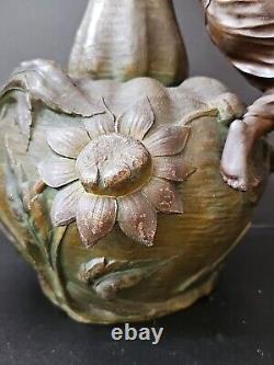 XIXe Ancien Grand Vase Femme 44cm Nymphe Fleurs Régule goût Moreau Art Nouveau