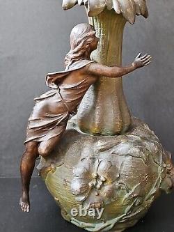 XIXe Ancien Grand Vase Femme 44cm Nymphe Fleurs Régule goût Moreau Art Nouveau