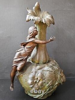 XIXe Ancien Grand Vase Femme 44cm Nymphe Fleurs Régule goût Moreau Art Nouveau
