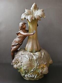 XIXe Ancien Grand Vase Femme 44cm Nymphe Fleurs Régule goût Moreau Art Nouveau