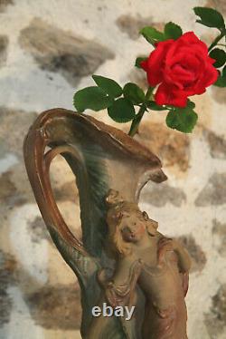 XXe Grand Vase 51cm Art Nouveau Jugendstil Plâtre Peint Polychrome Femme Nymphe
